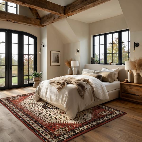 Tapete oriental Shiraz em cores vibrantes como um acento elegante no quarto.