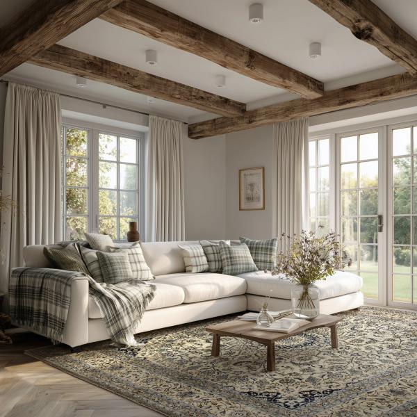 Tapete tradicional com padrão floral em sala de estar de estilo rústico moderno.