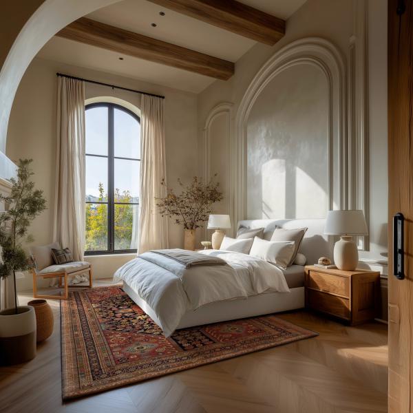 Quarto rústico em estilo campestre com grande tapete oriental