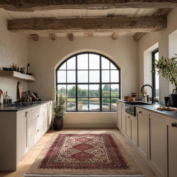 Cozinha em estilo casa de campo com materiais naturais e tapete artesanal.