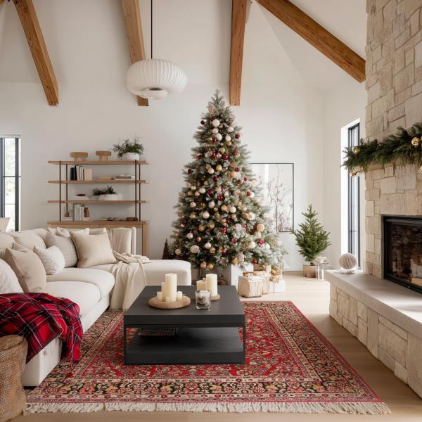Modern nappali hagyományos Keshan szőnyeggel ünnepi karácsonyi díszítéssel.