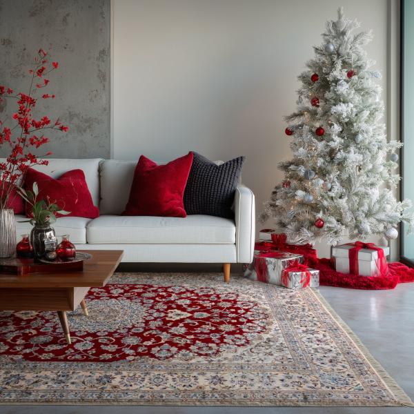 Nain szőnyeg Perzsiából piros-beige színben a karácsonyfa alatt