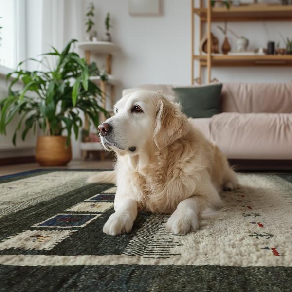 Orientalsk tæppe lavet af uld i stuen med hund