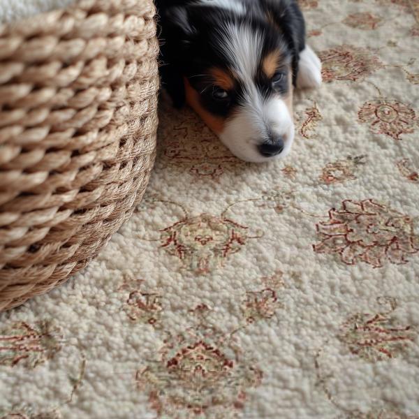 Hund ligger på håndknyttet orientalsk tæppe.