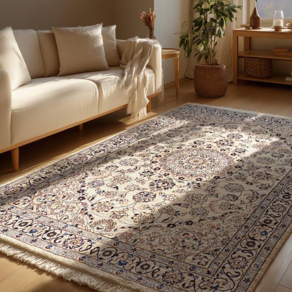 Tapis nain dans un salon lumineux avec canapé, parquet et lumière du soleil chaude.