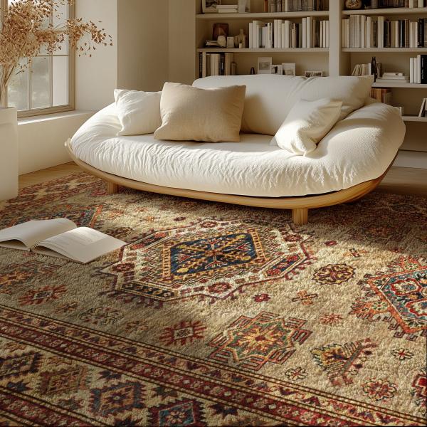 Tapis kazakh dans un salon lumineux avec un canapé crème