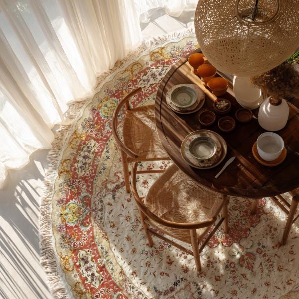 Kerek Tabrizi perzsaszőnyeg virágos medálmintával egy asztal alatt