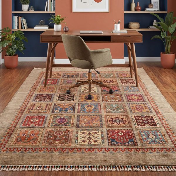 Close-up of a folded hand-knotted oriental rug with traditional patterns
