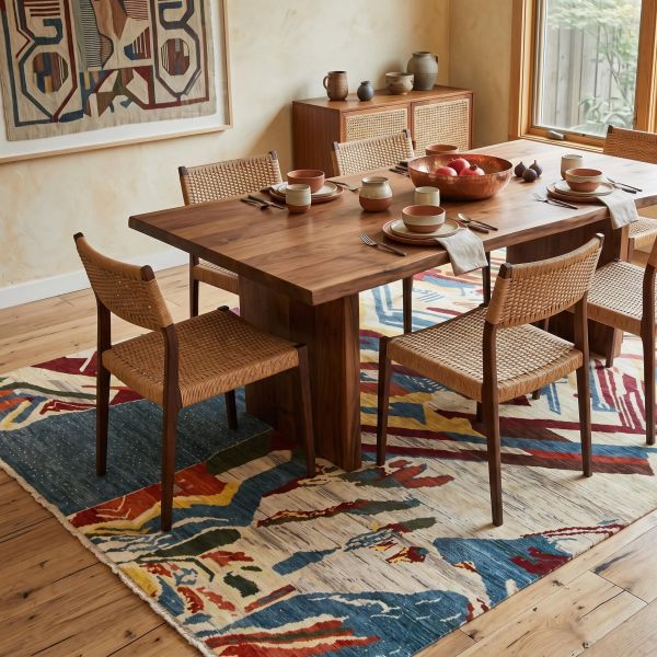 Handwoven Kilim rug in the dining room with a modern dining table