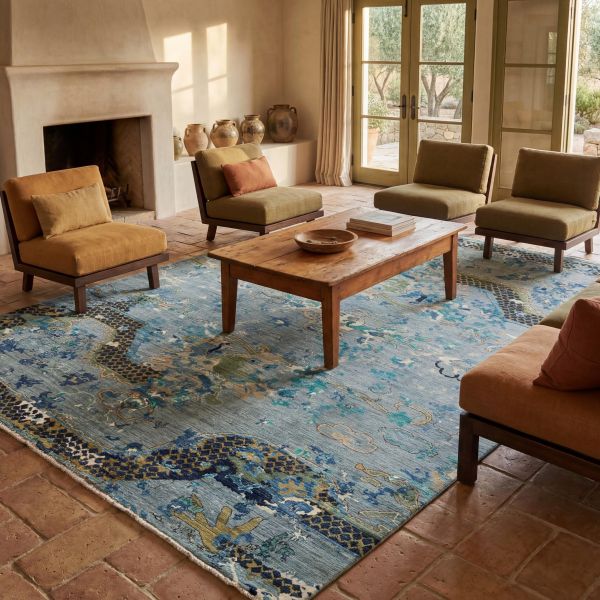 Klassischer orientalischer Teppich in einem mediterranen Wohnzimmer mit warmem Farbkonzept und tradi