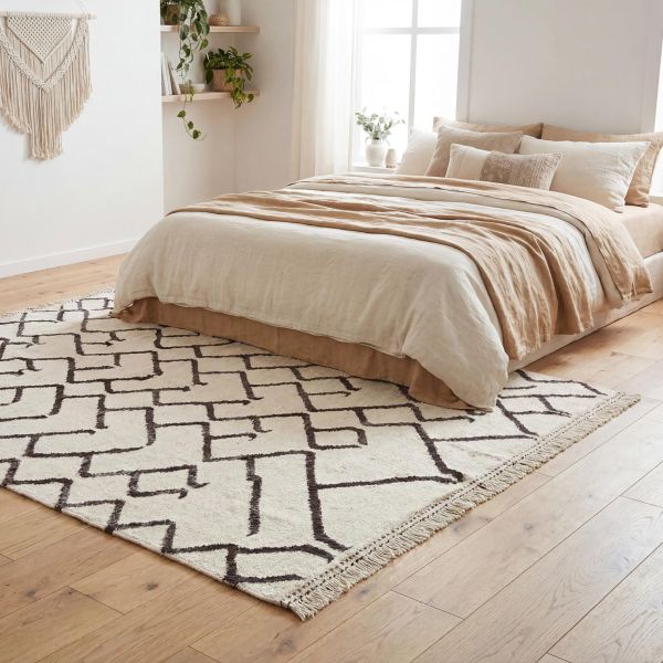 Alfombra de diseño ELA en blanco crema con un patrón geométrico negro