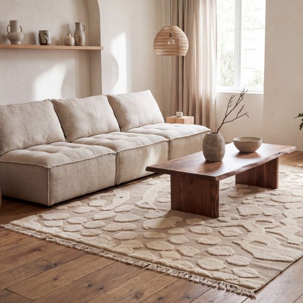 Alfombra de diseño Berber Ela en beige con textura en relieve en un salón moderno