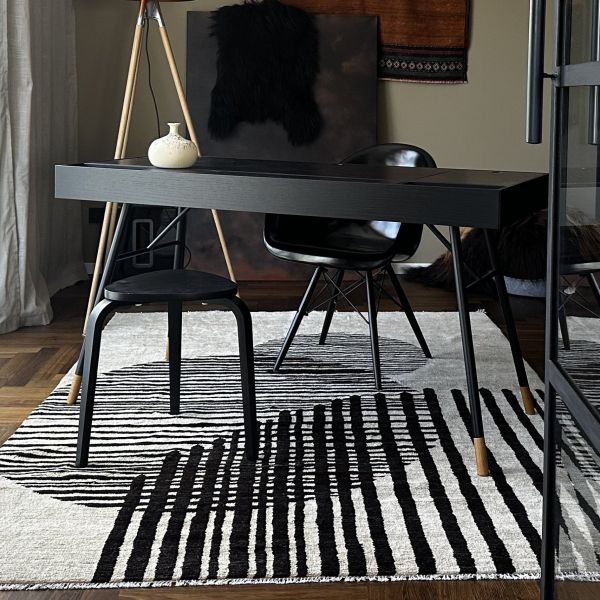 Close-up view of designer Berber rug in black and white