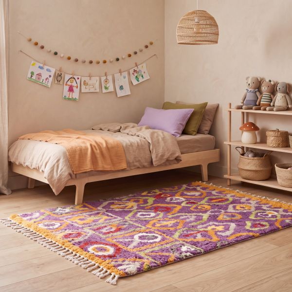 Gemütliches Kinderzimmer mit farbenfrohem, lila-orange gemustertem Teppich.