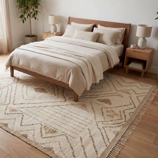Minimalistische slaapkamer met lichtblauw Sadraa designvloerkleed onder een laag houten bed, wa