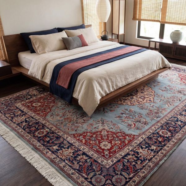 Hand-knotted Gabbeh rug in shades of red and blue with a geometric pattern