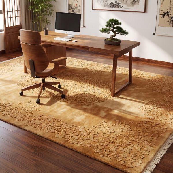 Modern living space with a hand-knotted Sadraa rug in shades of blue and beige, with a round designe