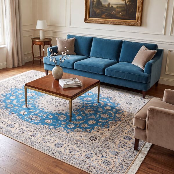 White and blue Persian Nain rug in a classic living room with velvet furniture.