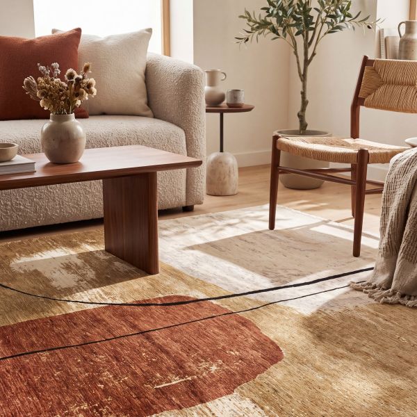 Alfombra de diseño Mahra en beige y terracota con motivo abstracto