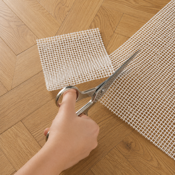 Person passt eine Antirutschunterlage mit einer Schere auf Maß an einer Arbeitsfläche an.