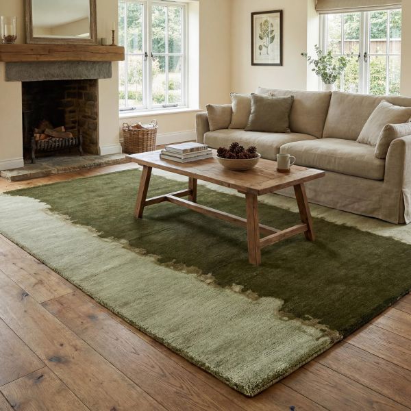 Alfombra Gabbeh moderna en verde en el salón