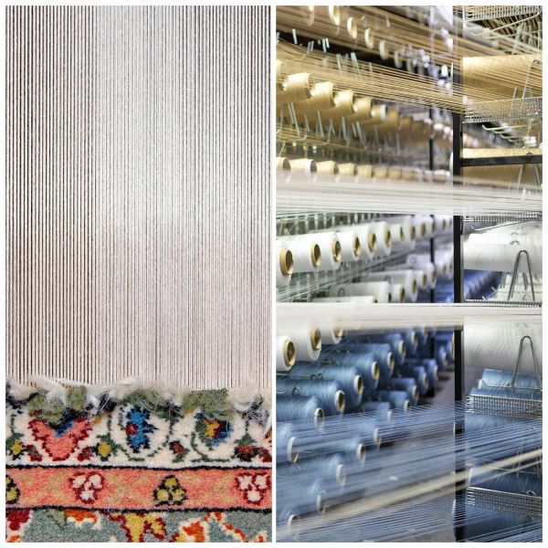 Collage, der kombinerer den traditionelle håndknytningsteknik og den moderne maskinfremstilling af o