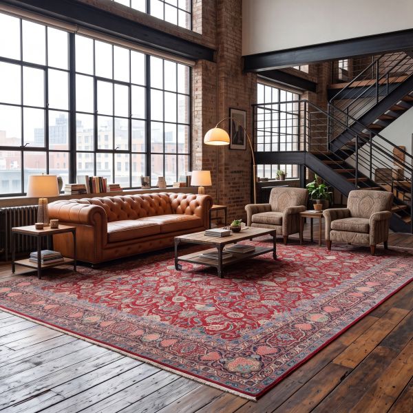 Loft with large panoramic windows and a classic Keshan carpet in gold and beige