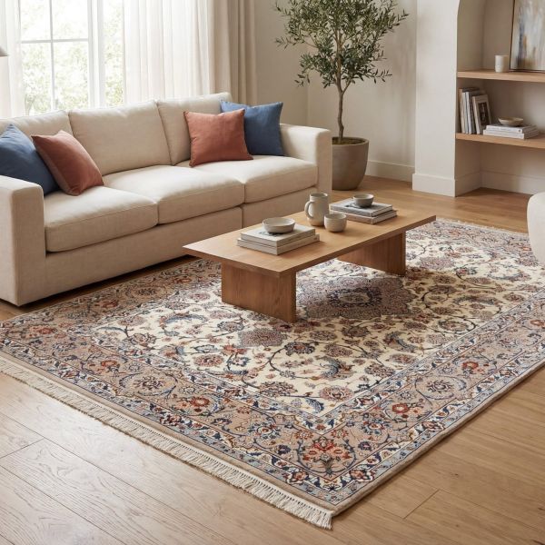 Alfombra Isfahán para salón beige azul persa con estampado floral clásico y elegante