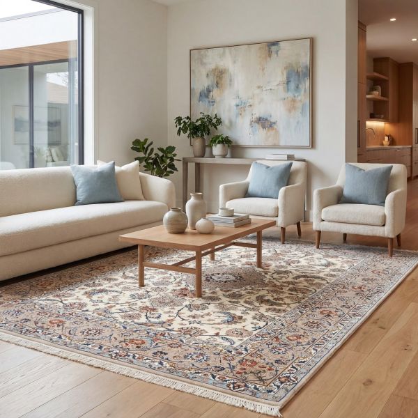 Alfombra Isfahán para salón beige azul floral con diseño persa elegante