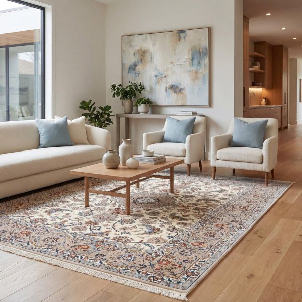 Salon moderne et ouvert avec un canapé d'angle blanc, une table en bois et un tapis design beige dev