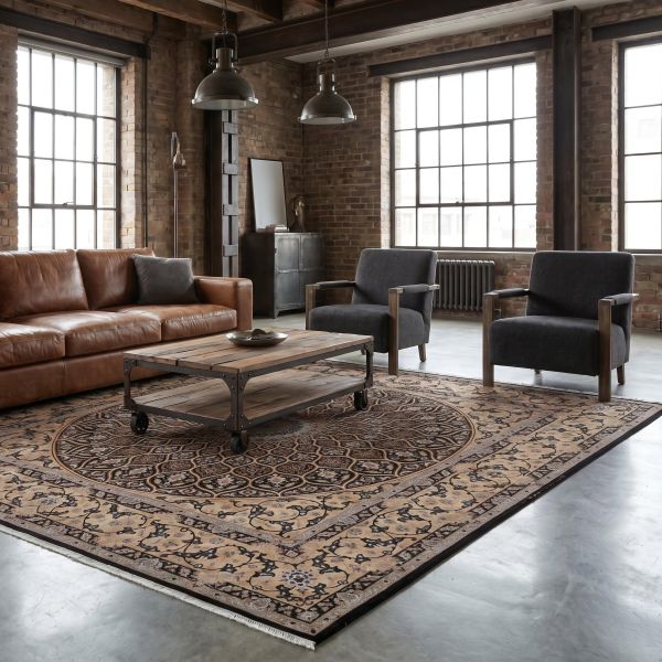 Sarough Mir Boteh rug in a modern industrial-style room