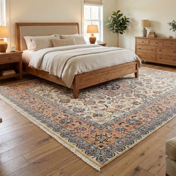 Wunderschöner persischer Kaschmar-Teppich in einem Schlafzimmer.