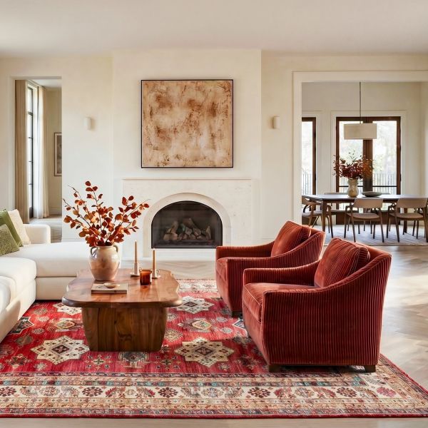 Kazak rug living room red geometric pattern modern interior