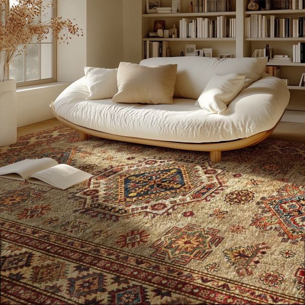 Kazak rug living room beige geometric pattern cosy interior