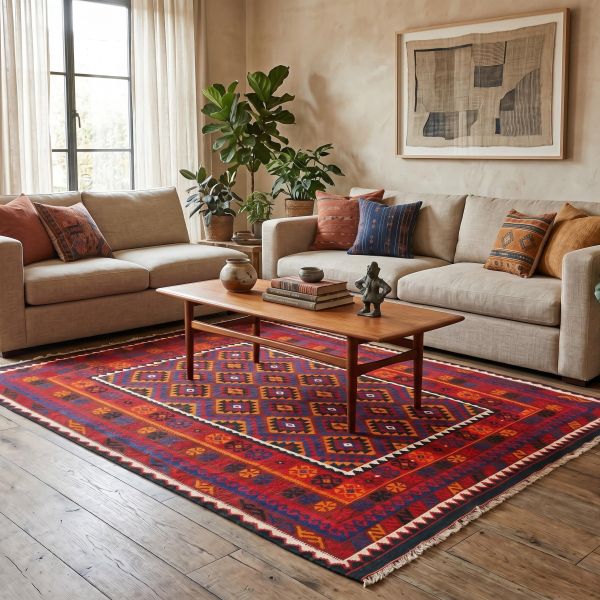 Modern living room with a pastel-coloured kilim rug, leather sofa and boho decor.