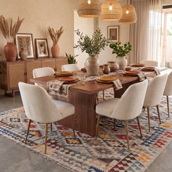 Modern living room with an antique Afghan kilim rug and designer sofa.