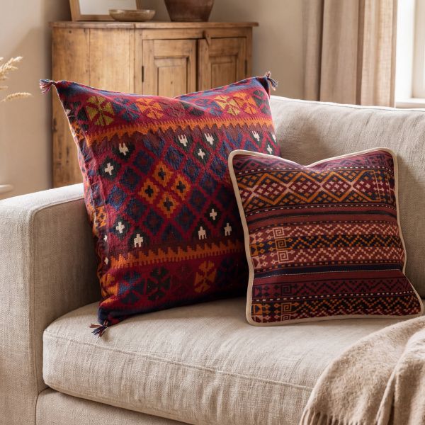 Dos cojines decorativos de Kilim con motivos geométricos en rojo