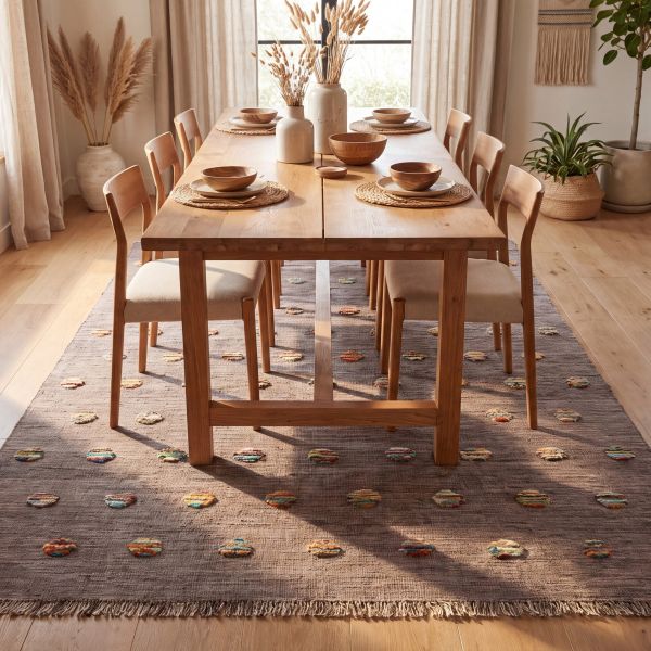 Alfombra Kilim afgana gris con detalles de colores bajo una mesa de comedor de madera