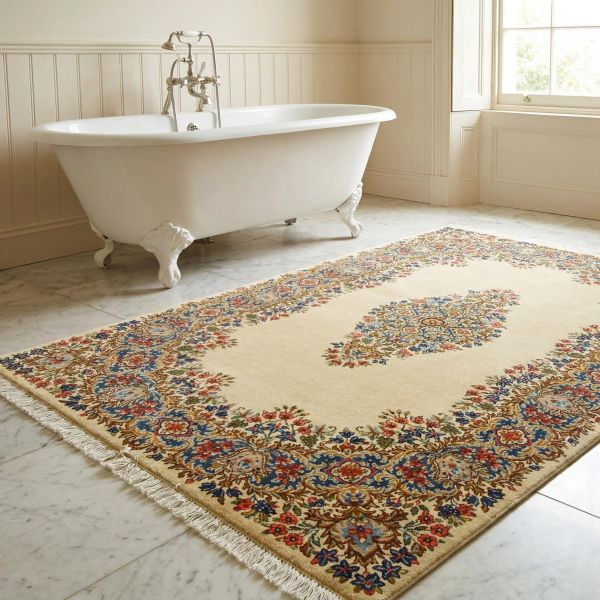 Classic Persian Kerman rug in a contemporary bathroom with a bath.