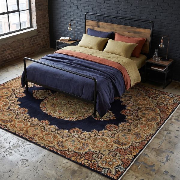 Bedroom in industrial style with Sadraa Allure rug in natural colours
