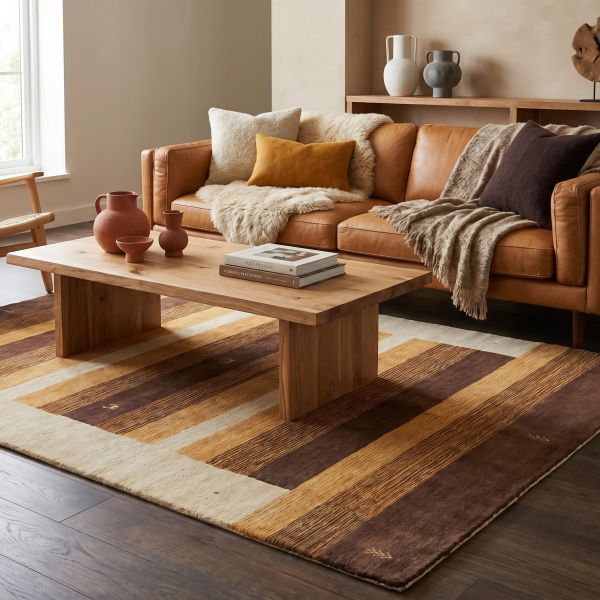 Sala de estar moderna con alfombra Loom Gabbeh Lori y sofá color crema.