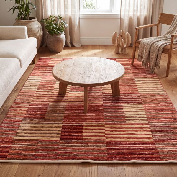 Alfombra Mahra en tonos rojos y beige con un diseño geométrico