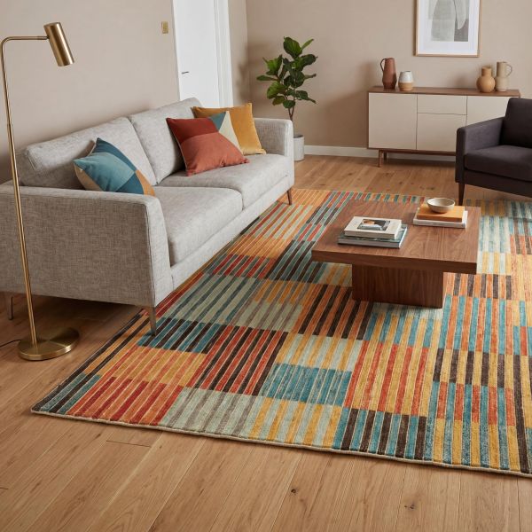 Farbenfrohes Wohnzimmer mit modernem Multicolor-Teppich, gelbem Sofa, dekorativen Kissen und wandhän