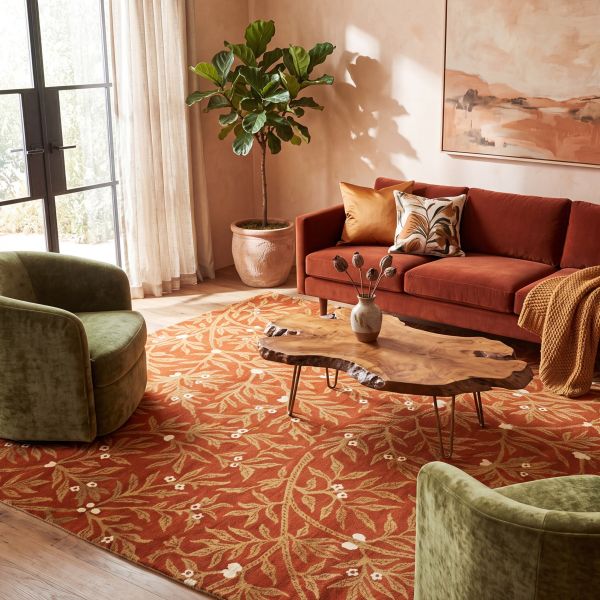 Orange designer Sadraa rug in a modern living room with velvet furniture.