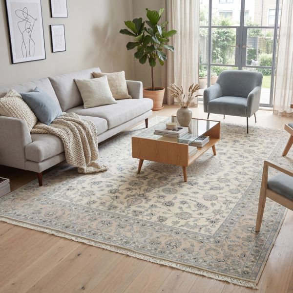 Perser Nain Teppich in einem modernen hellen Wohnzimmer