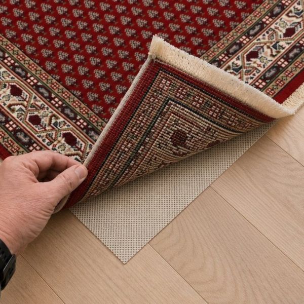 Antirutschunterlage unter einem traditionellen orientalischen Teppich zur Vermeidung des Verrutschen