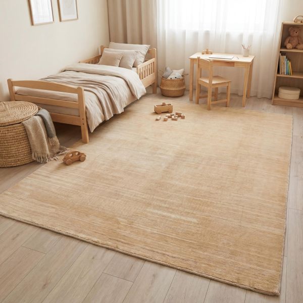 Lichte babykamer met antiek Chinees Peking tapijt in beige met blauw bloemenpatroon, houten kinderbe