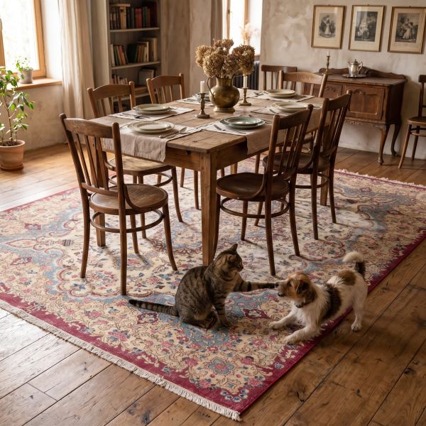 Tappeto persiano in sala da pranzo con animali domestici