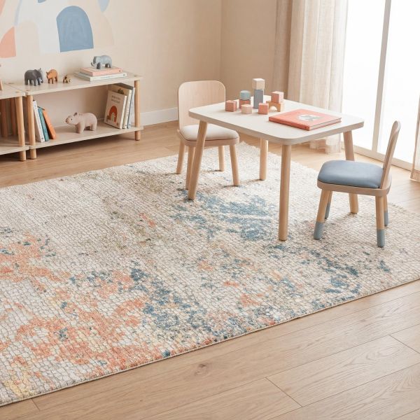 Quarto infantil com tapete Gabbeh em patchwork e peluches.