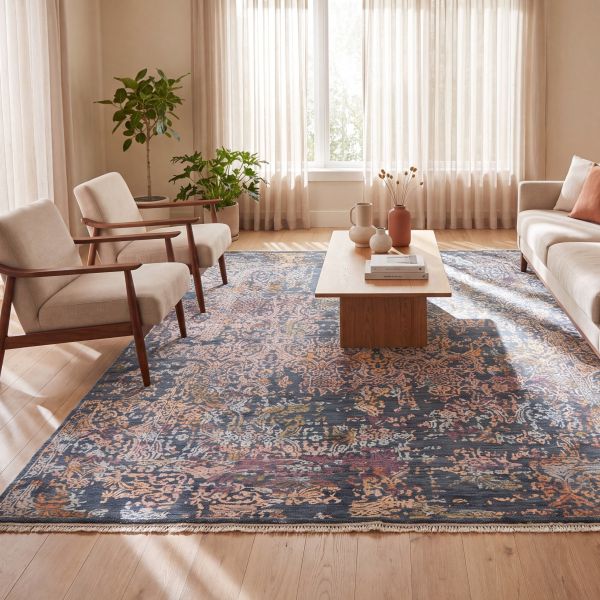 Moderner Designer Sadraa-Teppich in einem minimalen Wohnzimmer.